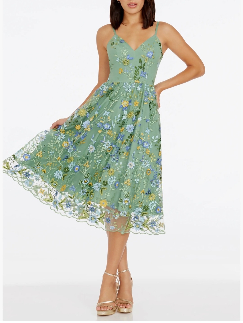 Dress the Population Sage Green Embroidered Midi Skirt with Floral Detail - Picture 8 of 8